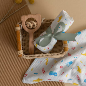 CareRio Premium Cotton Baby Wrapper/Pure Cotton Towel - White (105 x 105 cm) (Ocean Adventures Print)