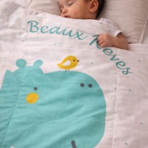 CareRio Pure Cotton Handmade Quilt Comforter, 0 - 2 years Aqua Hippo Print M Size